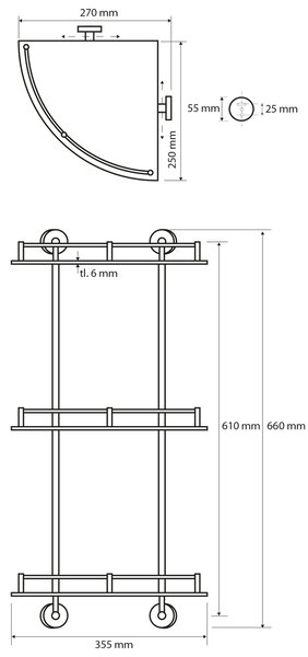 Sapho Sapho, colț din sticlă X-ROUND E cu raft triplu cu bară transversală, 270x660x355mm, crom, XR606