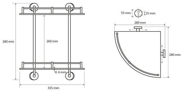 Sapho Sapho, colț din sticlă X-ROUND E cu raft dublu cu bară transversală 280x355x380mm, crom, XR604