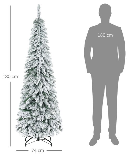 HOMCOM Brad Artificial de Craciun Inalt 180cm, Decor Tip Creion cu 523 de Crengute Pline de Zapada, Forma Coborata, Baza din Otel