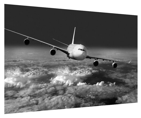 Tablou alb negru cu avion în nori (90x60 cm)