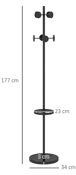 HOMCOM Suport pentru Haine și Umbrele, Cuier Independent cu 8 Carlige Rotunde pentru Haine, Pălării și Poșete, Φ34x177 cm, Negru | Aosom Romania
