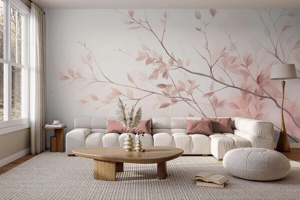 Tapet Ramuri delicate cu frunze de un roz pal, pe un fundal deschis, în stil acuarelă, Imagini de fundal unice, w09910 : Uwalls.ro