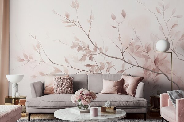 Tapet Ramuri delicate cu frunze de un roz pal, pe un fundal deschis, în stil acuarelă, Imagini de fundal unice, w09910 : Uwalls.ro