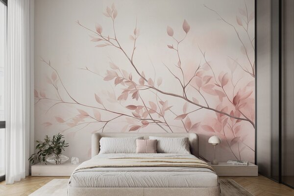 Tapet Ramuri delicate cu frunze de un roz pal, pe un fundal deschis, în stil acuarelă, Imagini de fundal unice, w09910 : Uwalls.ro