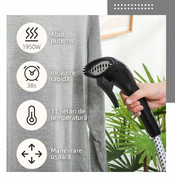 HOMCOM Aparat de Călcat Vertical cu Abur 1.4L cu Bară Extensibilă și 2 Roți Negru | Aosom Romania