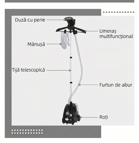 HOMCOM Aparat de Călcat Vertical cu Abur 1.4L cu Bară Extensibilă și 2 Roți Negru | Aosom Romania