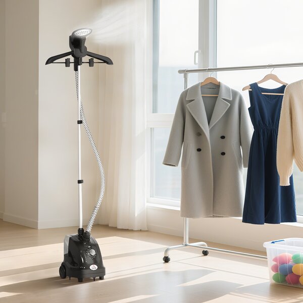 HOMCOM Aparat de Călcat Vertical cu Abur 1.4L cu Bară Extensibilă și 2 Roți Negru | Aosom Romania