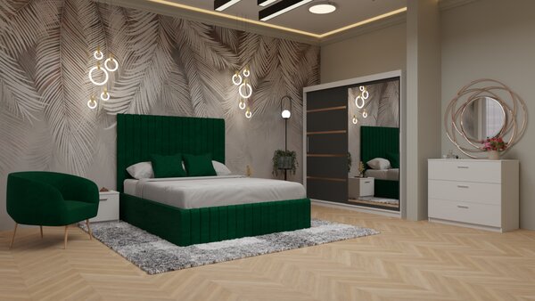 Dormitor Cairo Pat Tapitat Dressing 200x200 AlbGri Antracit Cu Oglinda