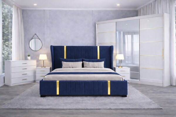 Set Dormitor Hawaii mdf lucios cu Somiera Rabatabila si lada de depozitare, dressing 250x200