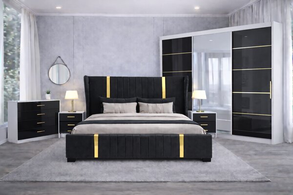 Set Dormitor Hawaii mdf lucios cu Somiera Rabatabila si lada de depozitare, dressing 250x200