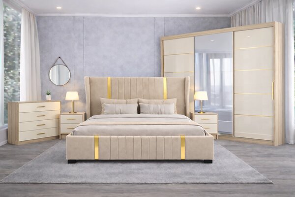 Set Dormitor Hawaii mdf lucios cu Somiera Rabatabila si lada de depozitare, dressing 250x200