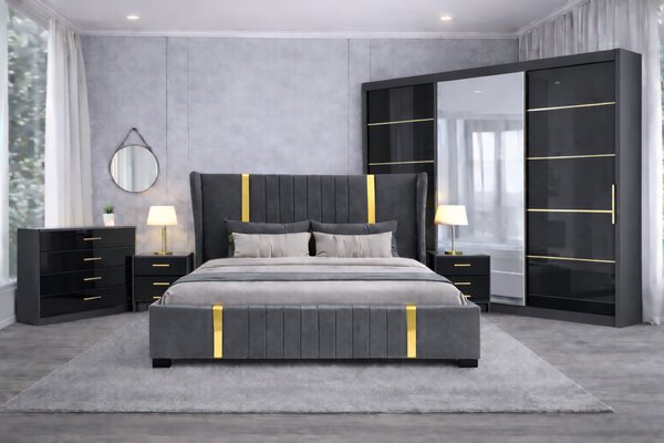 Set Dormitor Hawaii mdf lucios cu Somiera Rabatabila si lada de depozitare, dressing 250x200