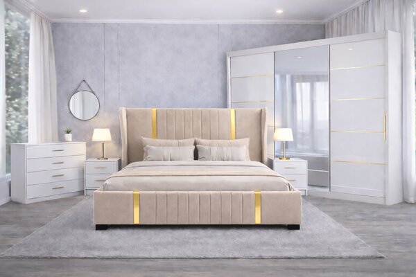 Set Dormitor Hawaii mdf lucios cu Somiera Rabatabila si lada de depozitare, dressing 250x200