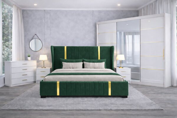 Set Dormitor Hawaii mdf lucios cu Somiera Rabatabila si lada de depozitare, dressing 250x200