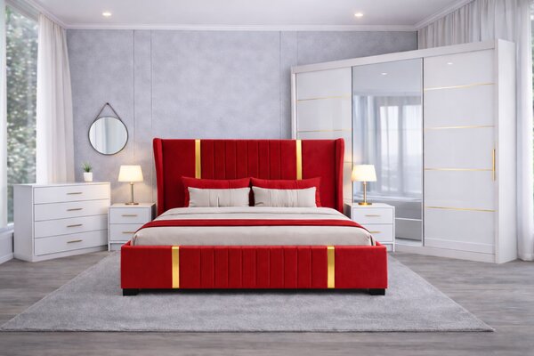 Set Dormitor Hawaii mdf lucios cu Somiera Rabatabila si lada de depozitare, dressing 250x200