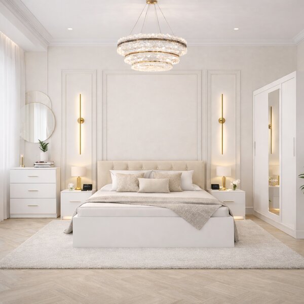 Set Dormitor Tapitat Nemira 3 usi Alb cu Oglinda 150x200