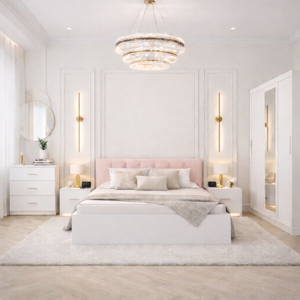 Set Dormitor Tapitat Nemira 3 usi Alb cu Oglinda 150x200