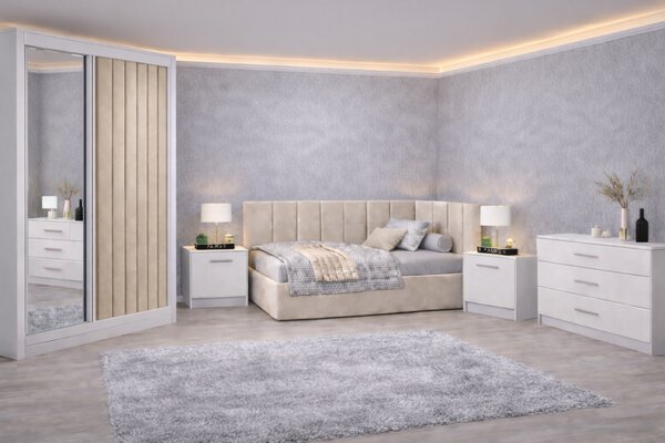 Set Dormitor Tapitat Bubu, dressing tapitat, somiera rabatabila