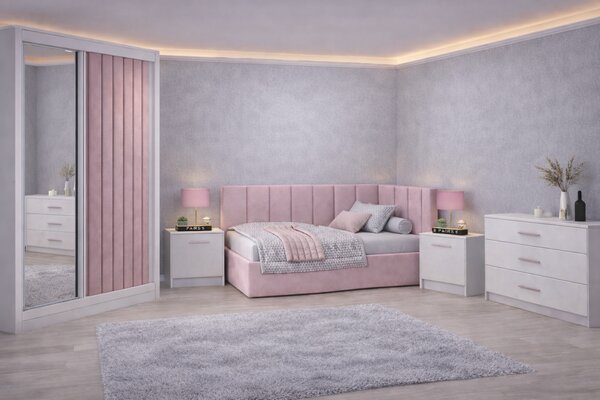 Set Dormitor Tapitat Bubu, dressing tapitat, somiera rabatabila