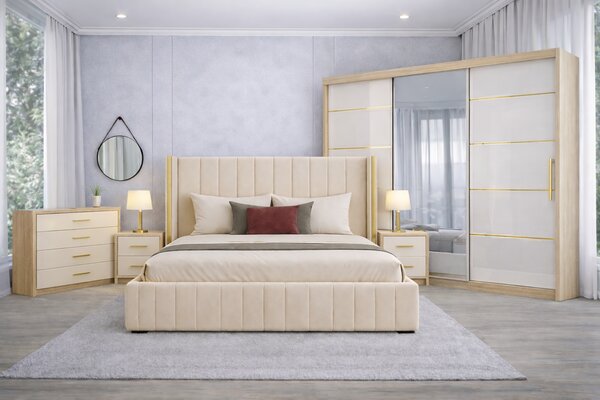 Set Dormitor Golden mdf lucios cu Somiera Rabatabila si lada, dressing 250x200