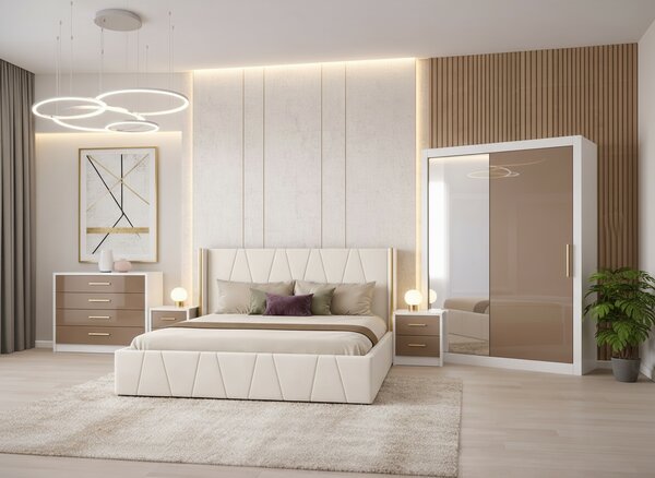 Set Dormitor Eva MDF lucios cu Somiera rabatabila si lada, dressing 150x200