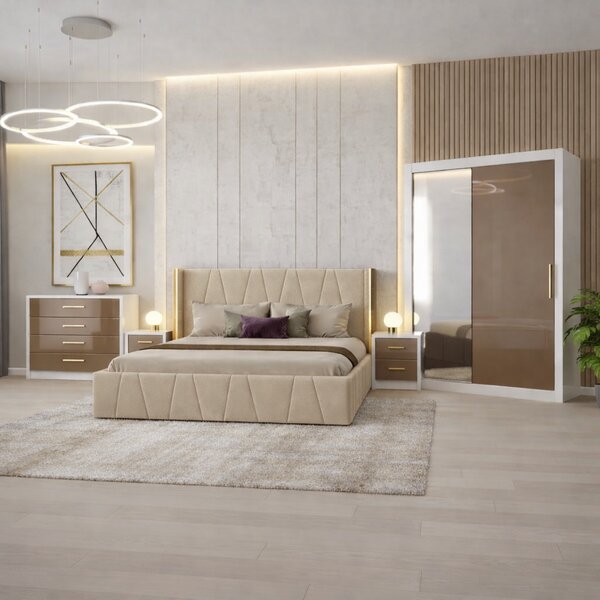 Set Dormitor Eva MDF lucios cu Somiera rabatabila si lada, dressing 150x200