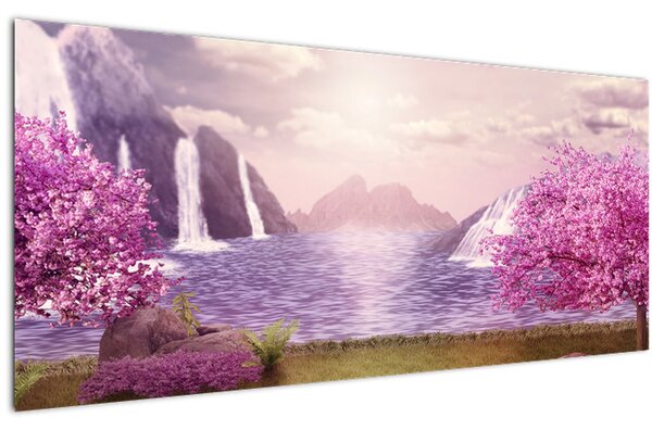 Tablou cu pomi roz cu lac (120x50 cm)