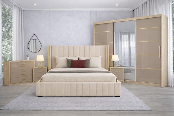 Set Dormitor Golden mdf lucios cu Somiera Rabatabila si lada, dressing 250x200