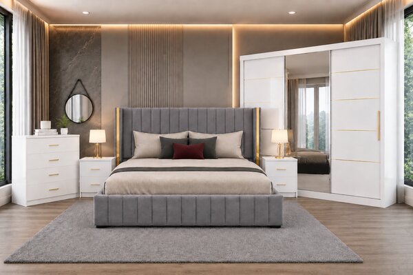 Set Dormitor Golden mdf lucios cu Somiera Rabatabila si lada, dressing 250x200