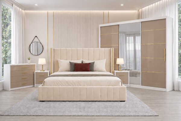 Set Dormitor Golden mdf lucios cu Somiera Rabatabila si lada, dressing 250x200