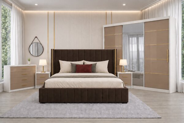 Set Dormitor Golden mdf lucios cu Somiera Rabatabila si lada, dressing 250x200