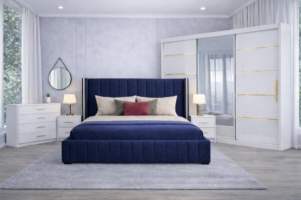 Set Dormitor Golden mdf lucios cu Somiera Rabatabila si lada, dressing 250x200