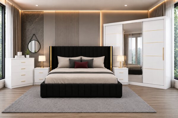 Set Dormitor Golden mdf lucios cu Somiera Rabatabila si lada, dressing 250x200