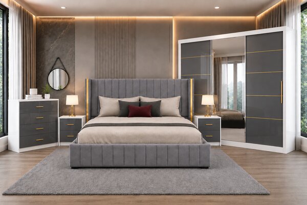 Set Dormitor Golden mdf lucios cu Somiera Rabatabila si lada, dressing 250x200