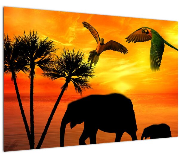 Tablou - papagaii cu elefanți (90x60 cm)