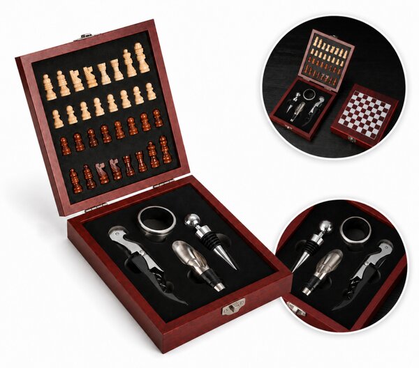 Set cadou de lux pentru vin ROYAL VINTAGE 15x17 cm cu tabla de sah, maro