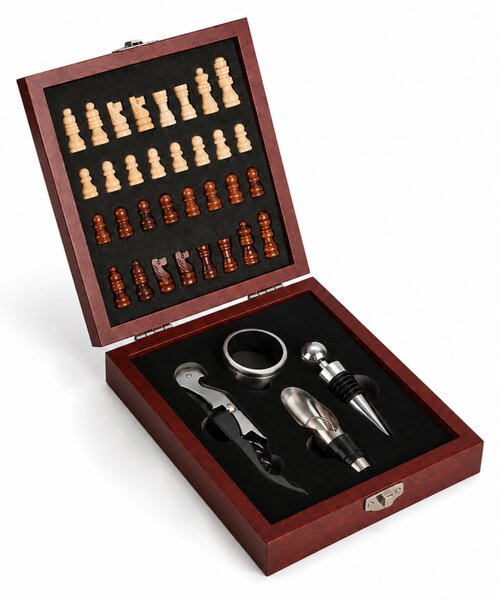 Set cadou de lux pentru vin ROYAL VINTAGE 15x17 cm cu tabla de sah, maro