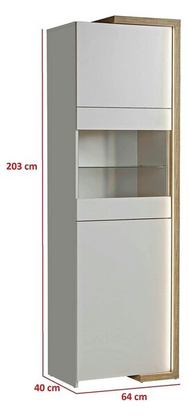 Vitrina DASAR, grej/stejar, PAL laminat/sticla, 64x40x203 cm
