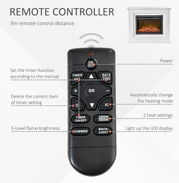 HOMCOM Semineu electric cu efect flacara, realist, incalzitor pentru interior cu rama din lemn alb, cronometru si telecomanda, 1000W/2000W | AOSOM RO