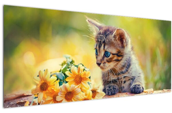 Tablou cu pisicuța uitându-se la floare (120x50 cm)
