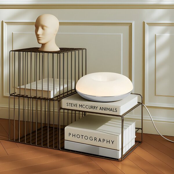 Lindby Lampă de masă/aplică perete LED Fjora, alb/crom, Ø 30 cm, dimabil., reglabil, Alb, Camera de zi / sufragerie, Sticlă, Design