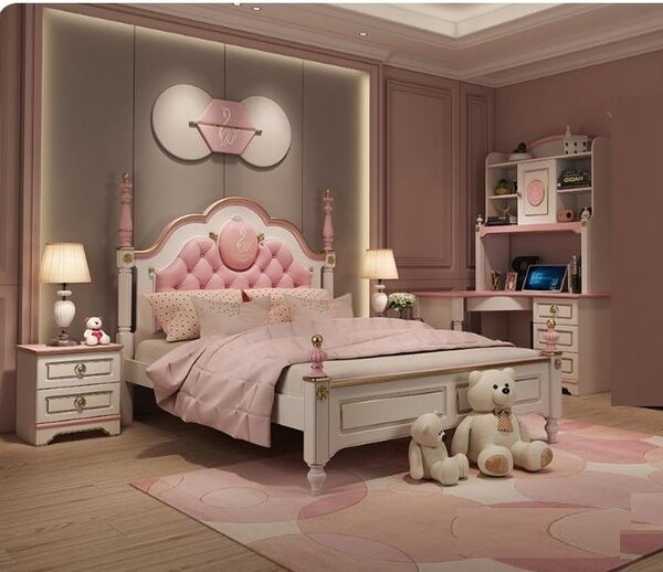 Set mobilier Mica Lebada din MDF si lemn stejar pentru camera copii 3 piese: pat (saltea necesara 120 x 200cm), o noptiera, birou -cod 118FD