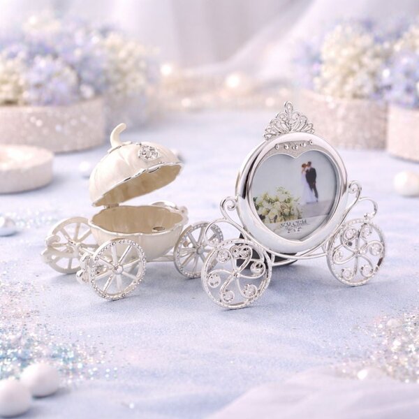 Set Cadou Elegant Trăsură – Ramă Foto + Cutie Bijuterii, Metal cu Cristale, Argintiu, Cadou Femei, AZAY