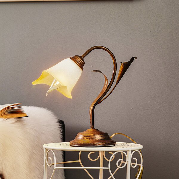 ONLI Lampa de masă Lucrezia din bronz cu abajur în formă floare, Bronz / Alamă Veche, Camera de zi / sufragerie, Sticlă, Casă de țară / Rustic