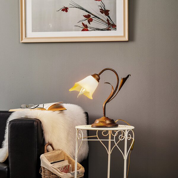 ONLI Lampa de masă Lucrezia din bronz cu abajur în formă floare, Bronz / Alamă Veche, Camera de zi / sufragerie, Sticlă, Casă de țară / Rustic