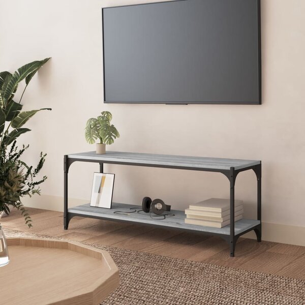 Comodă TV, gri sonoma, 100x33x41 cm, lemn prelucrat și oțel