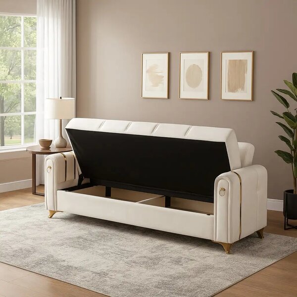 Canapea extensibila cu lada de depozitare 220x87x93 cm, maro si detalii aurii – Camara