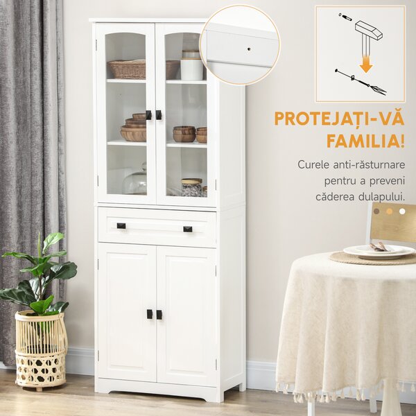 HOMCOM Bufet de Bucătărie cu 2 Dulapuri și Sertar, Mobilier de Bucătărie cu Uși și Rafturi Reglabile, 60x30x160 cm, Alb | Aosom Romania