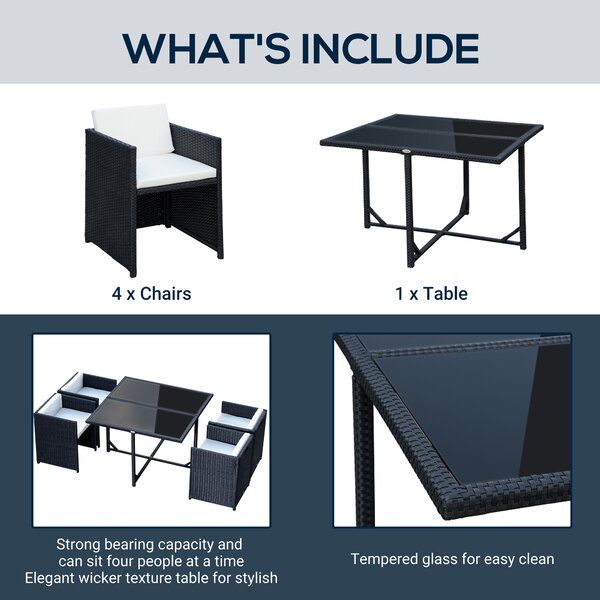 Outsunny Set Mobilier de Grădină cu Masă de Prânz, 4 Scaune și Perne, 109x109x72 cm, Negru | Aosom Romania