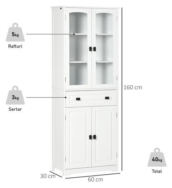 HOMCOM Bufet de Bucătărie cu 2 Dulapuri și Sertar, Mobilier de Bucătărie cu Uși și Rafturi Reglabile, 60x30x160 cm, Alb | Aosom Romania